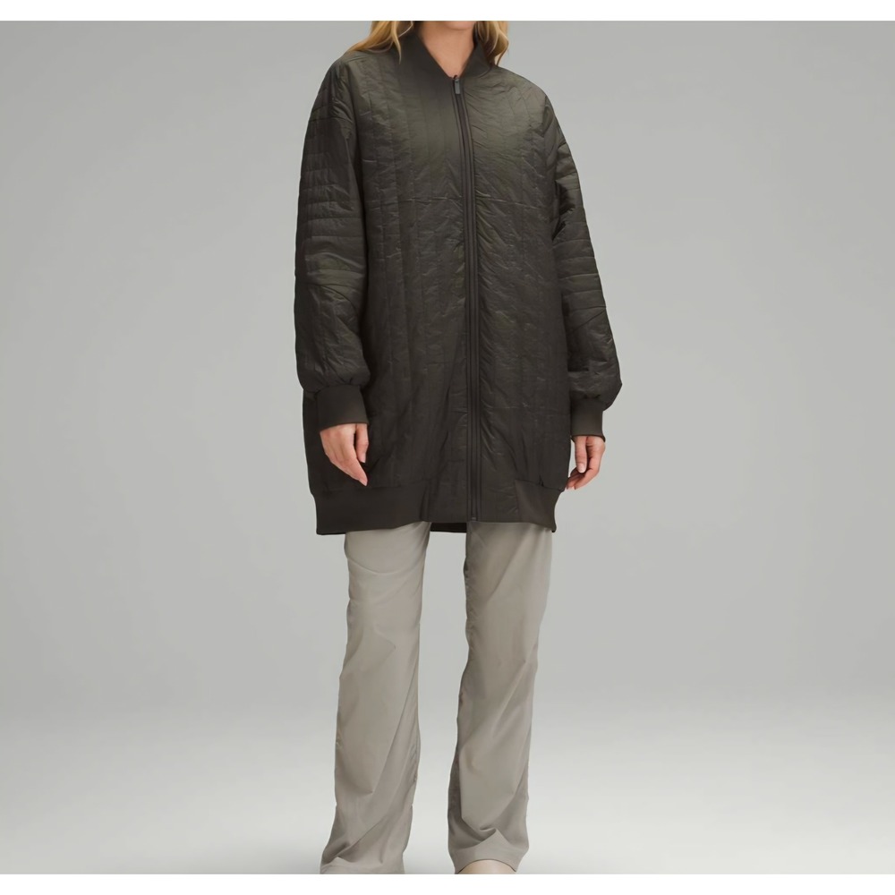 Lululemon Lab Insulated Reversible Bomber Jacket Olive Green Grey Longline